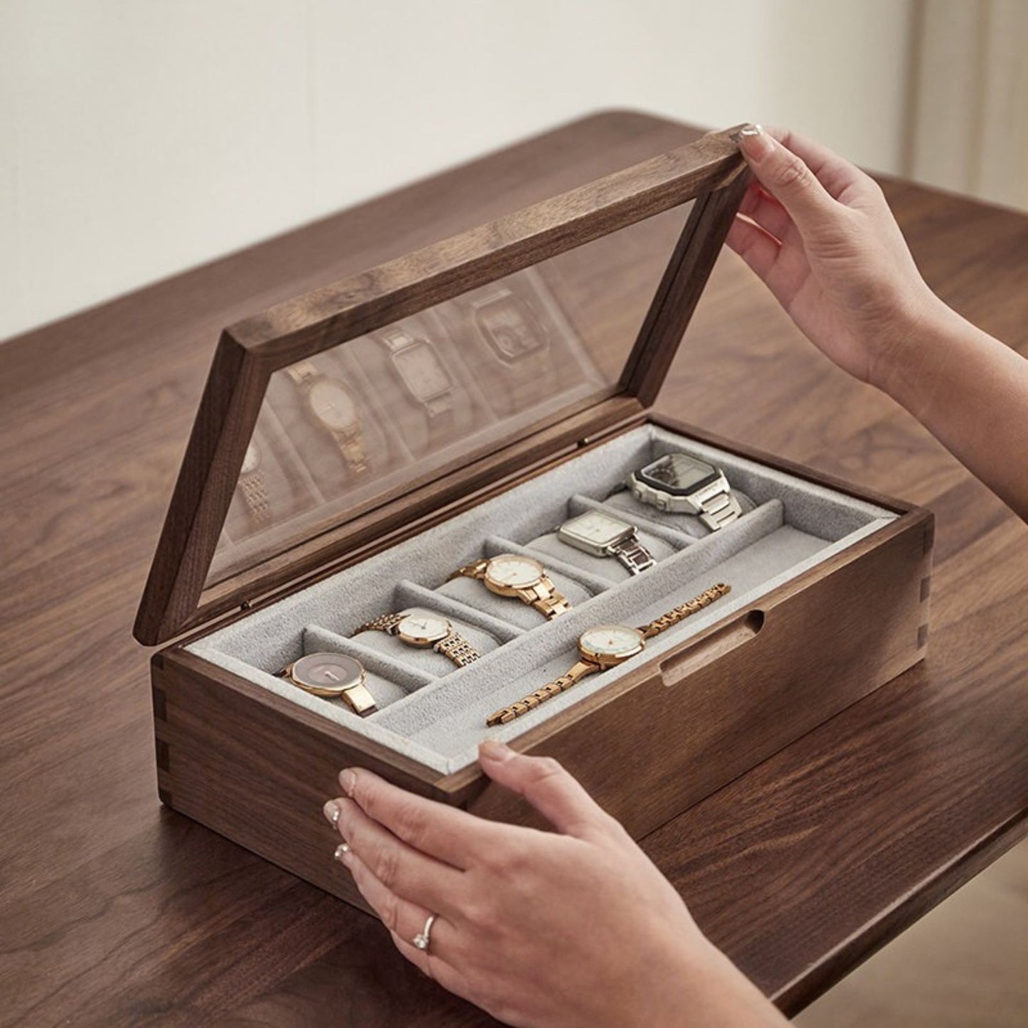 Solid Walnut Wooden Watch Box with Glass Lid SKU 22016