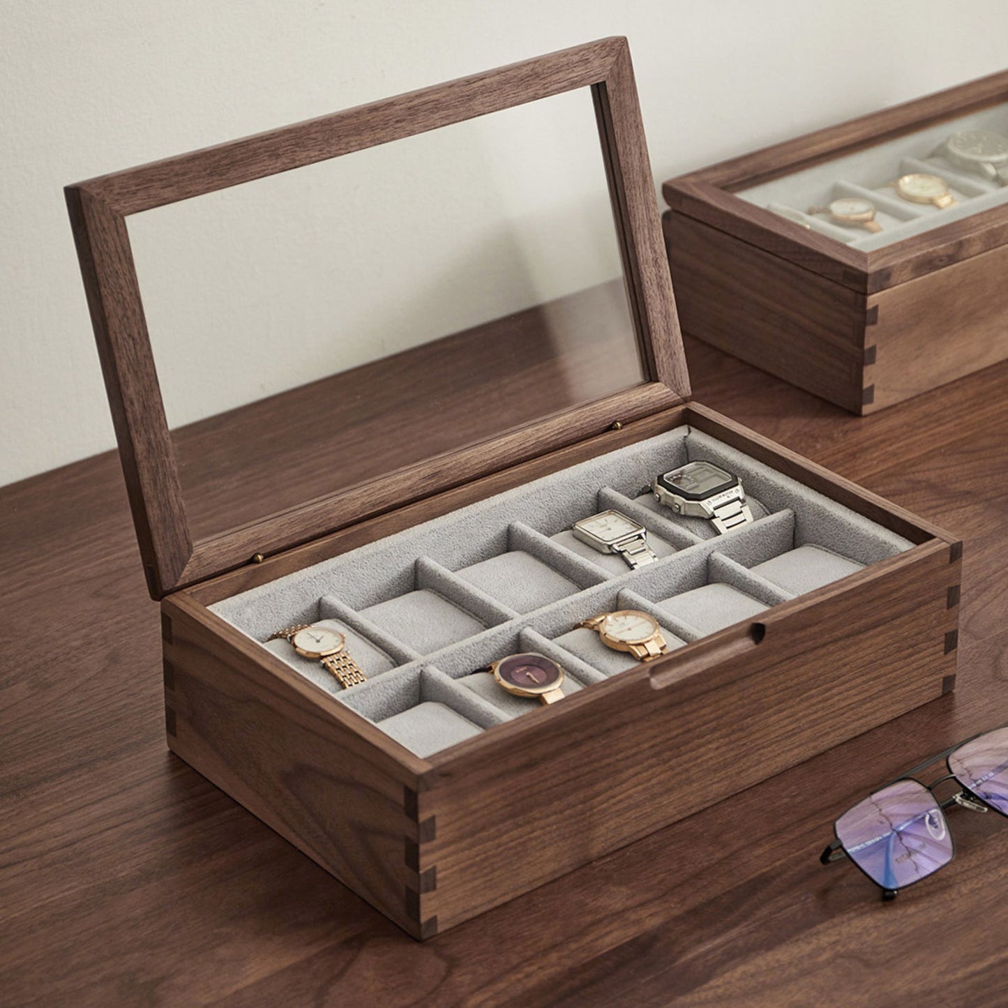 Solid Walnut Wooden Watch Box with Glass Lid SKU 22016