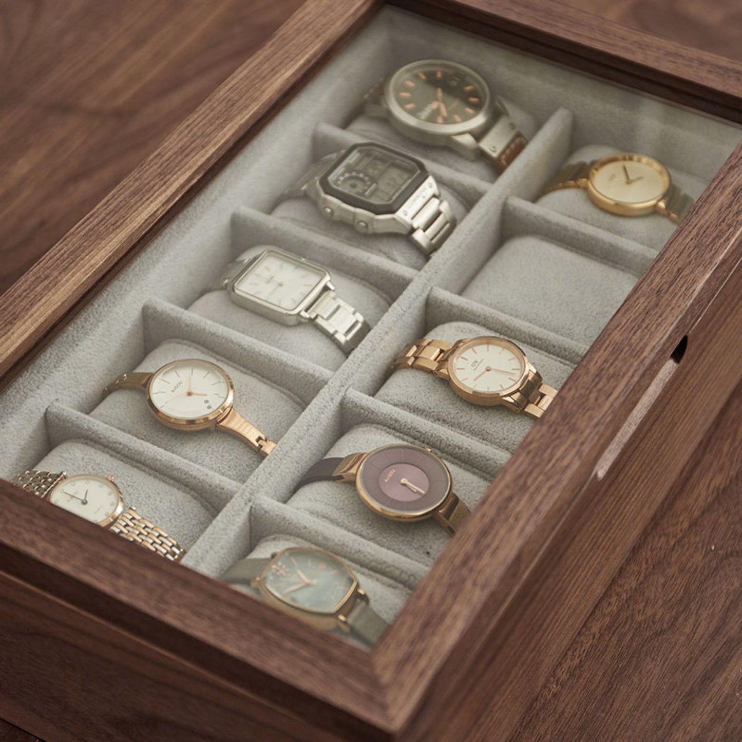 Solid Walnut Wooden Watch Box with Glass Lid SKU 22016