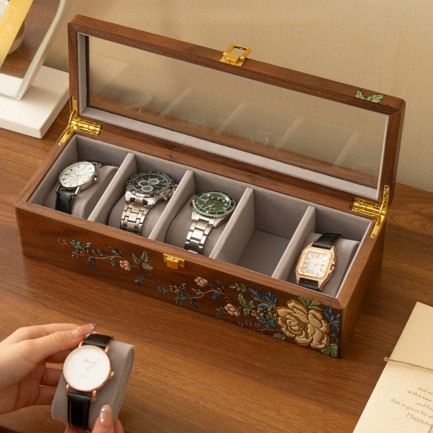 Solid Walnut Wooden Watch Box with Hand Painted Pattern SKU 22017