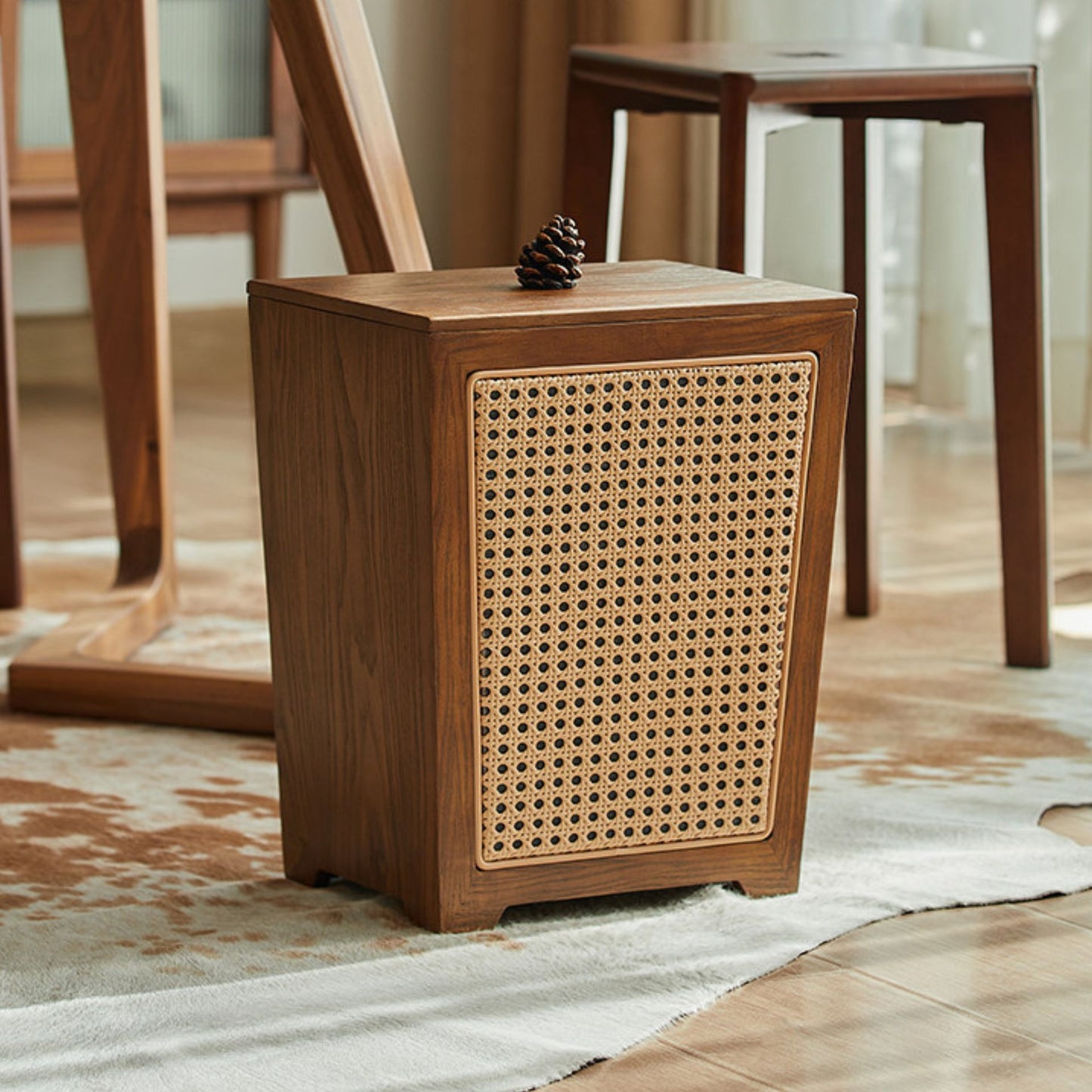 Wooden Decorative Trash Bin with PE Wicker Sides SKU 54003