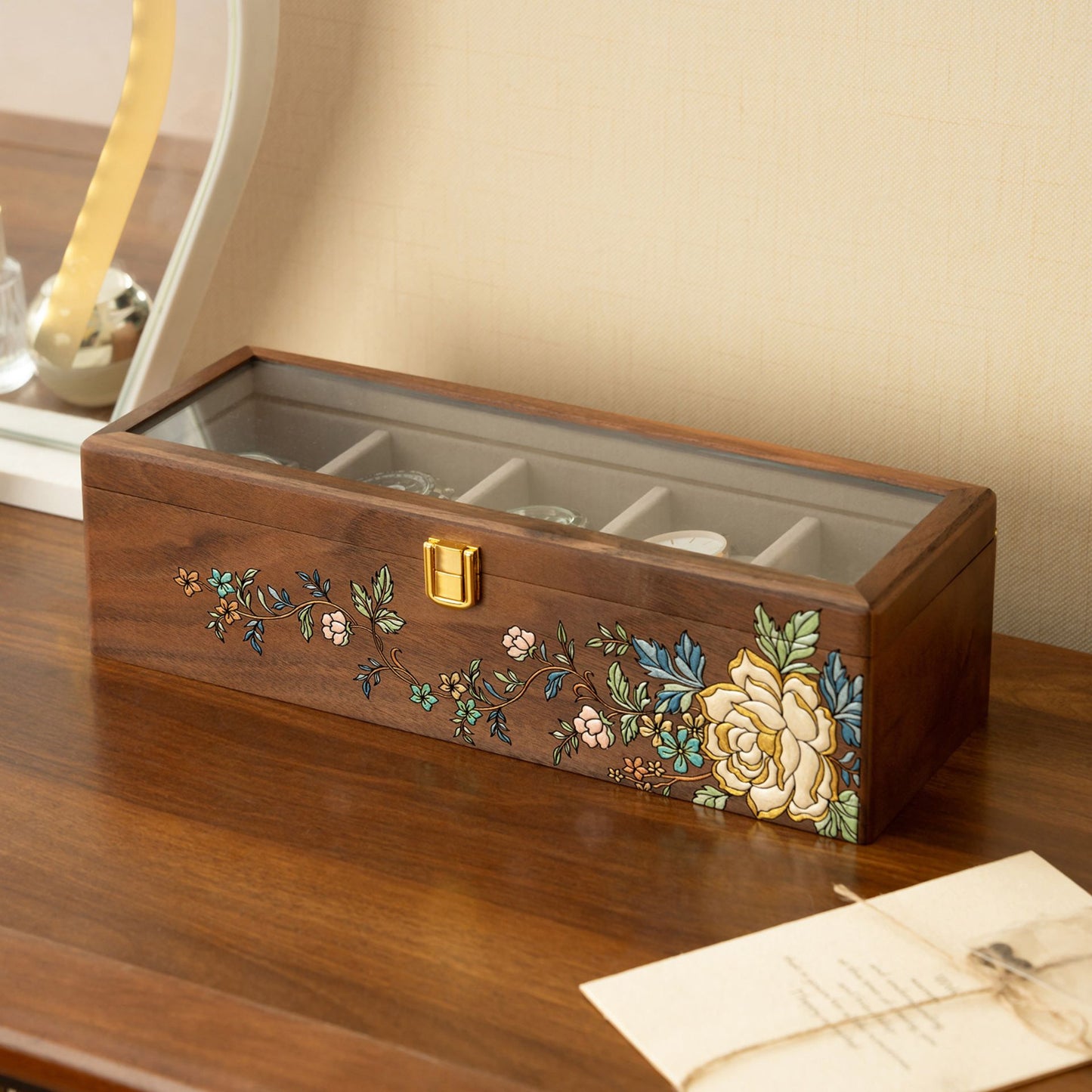 Solid Walnut Wooden Watch Box with Hand Painted Pattern SKU 22017