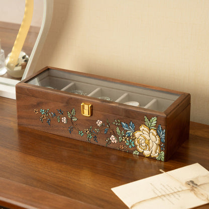 Solid Walnut Wooden Watch Box with Hand Painted Pattern SKU 22017