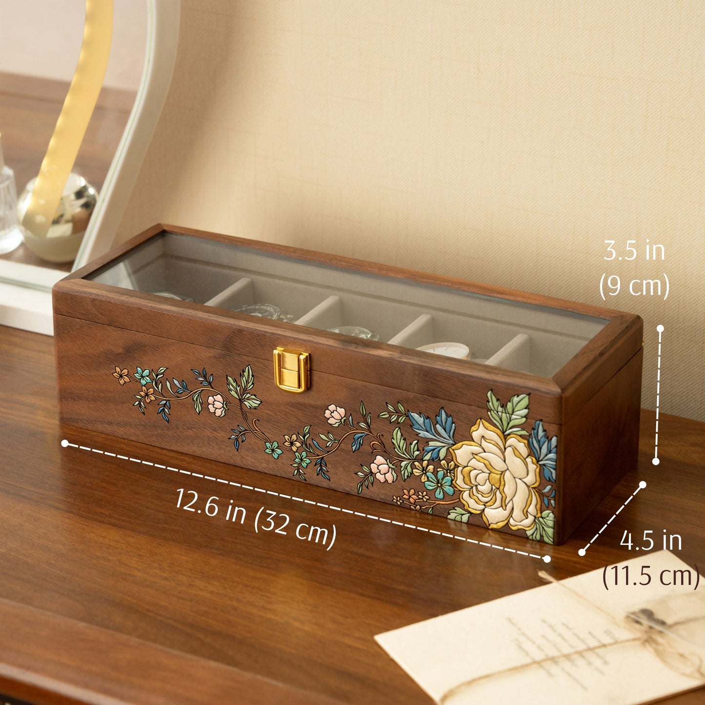 Solid Walnut Wooden Watch Box with Hand Painted Pattern SKU 22017