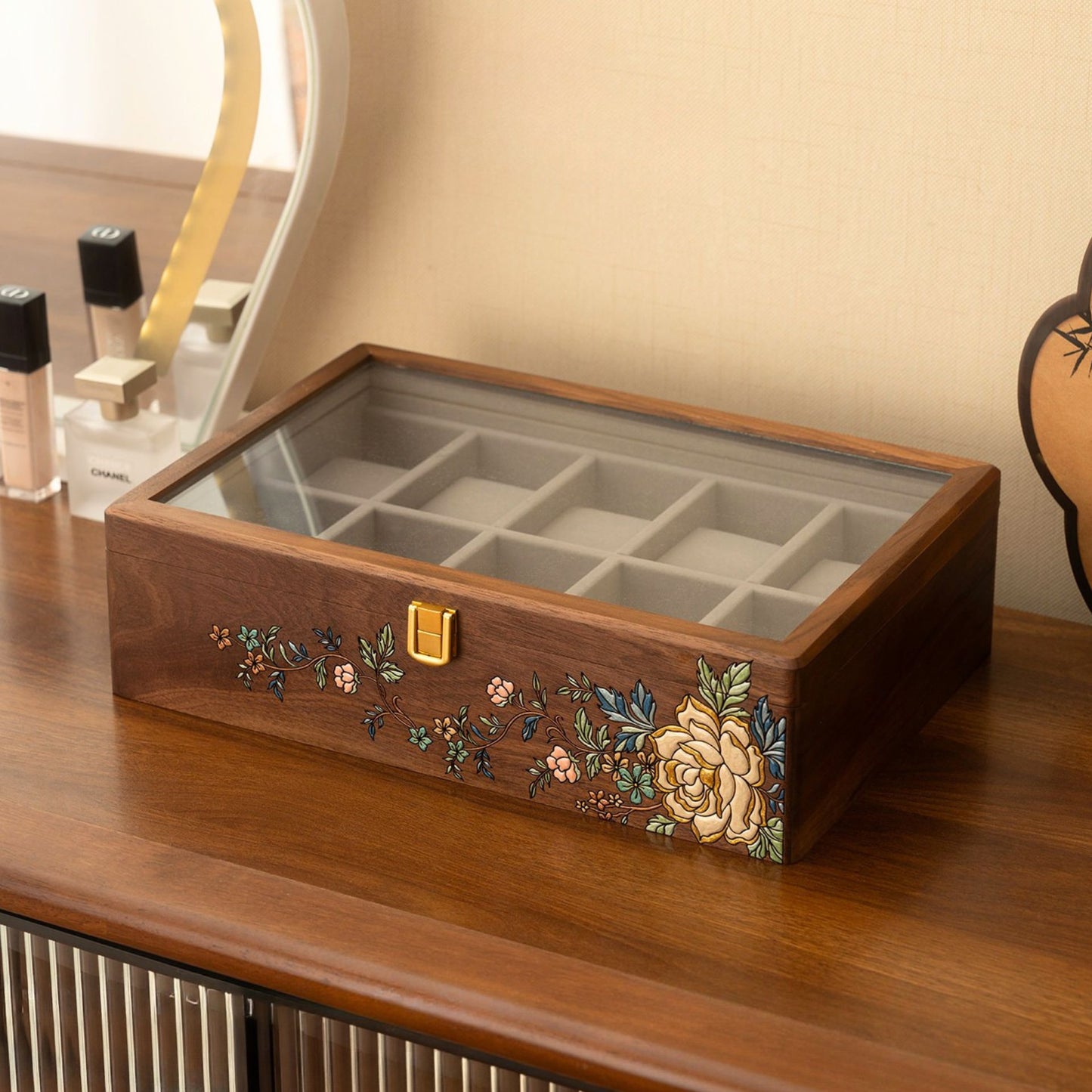 Solid Walnut Wooden Watch Box with Hand Painted Pattern SKU 22017