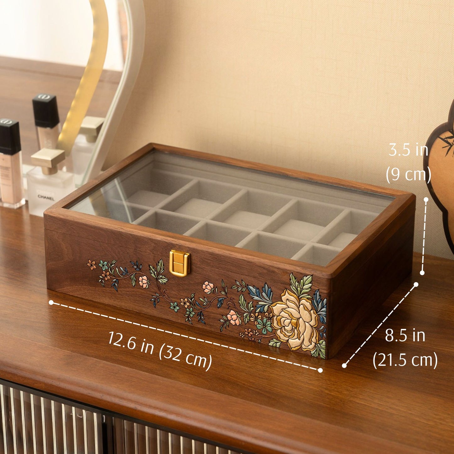 Solid Walnut Wooden Watch Box with Hand Painted Pattern SKU 22017