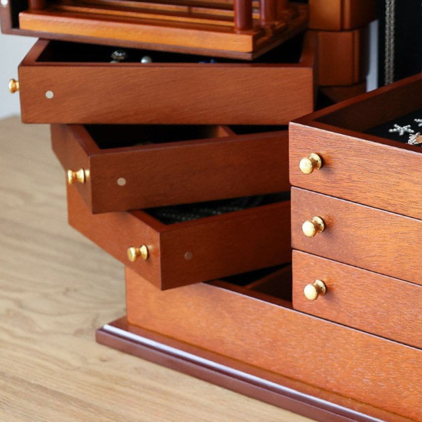 Large Wooden Jewelry Box with Drawers and Earring Racks SKU 21177