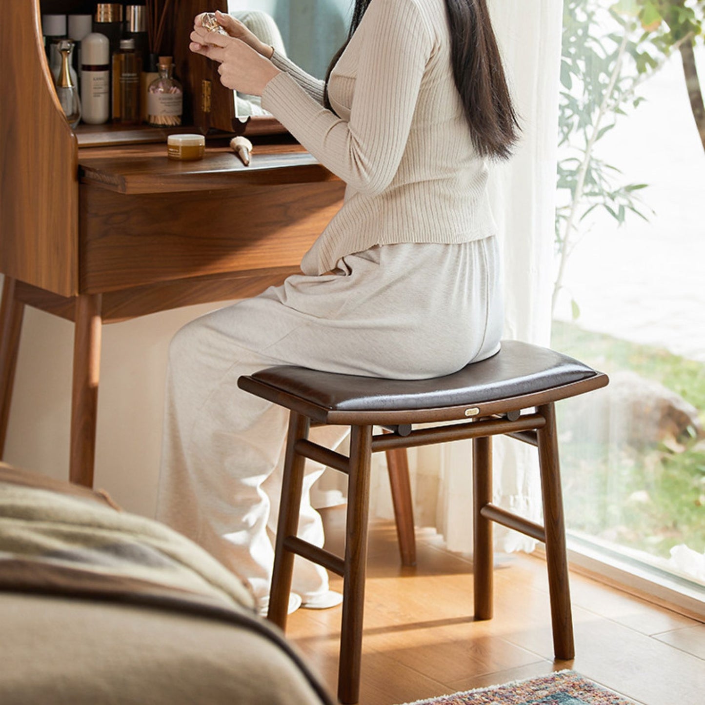 Solid Wood Upholstered Accent Stool Ottoman SKU 52010