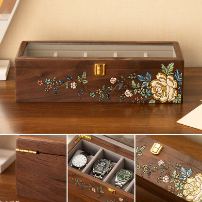Solid Walnut Wooden Watch Box with Hand Painted Pattern SKU 22017