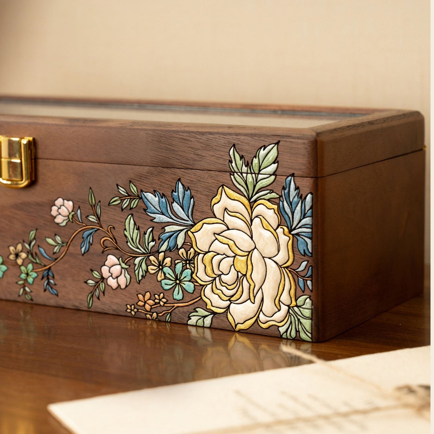 Solid Walnut Wooden Watch Box with Hand Painted Pattern SKU 22017