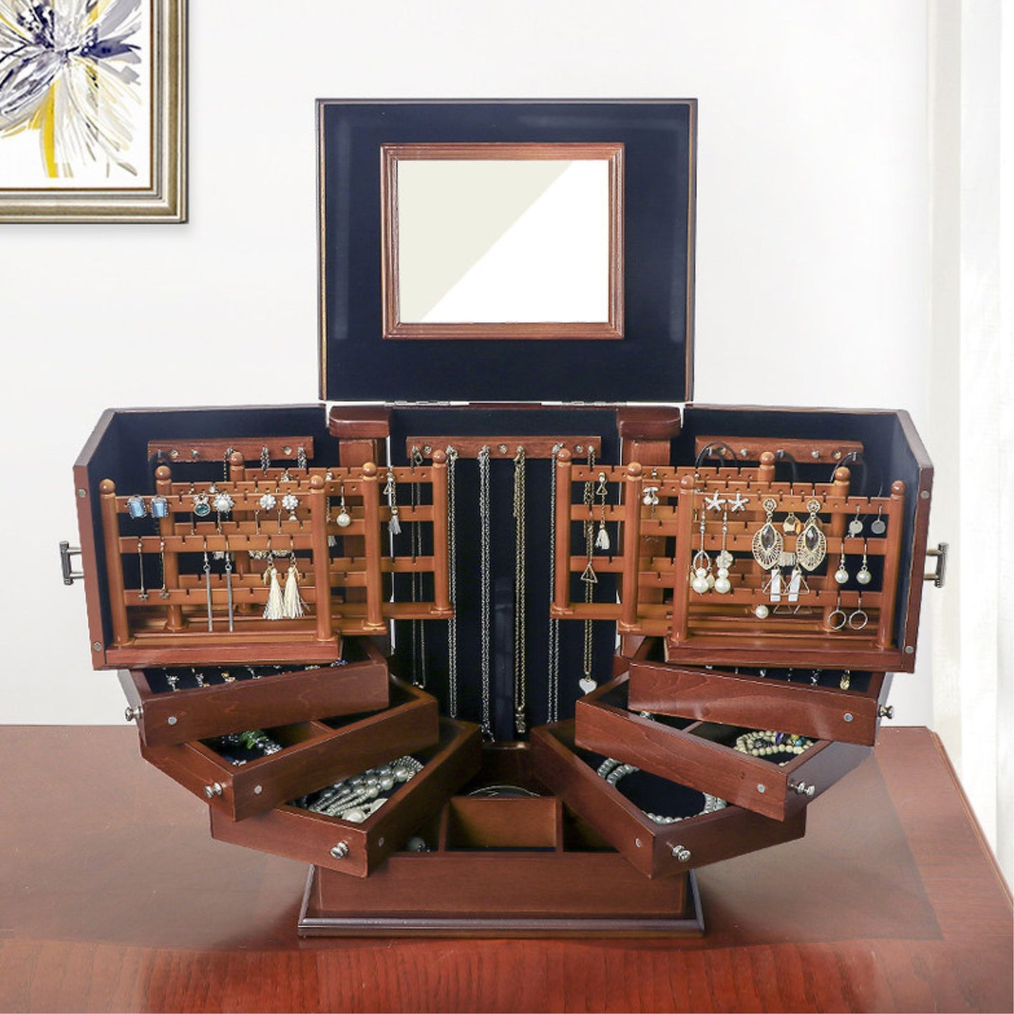 Large Wooden Jewelry Box with Drawers and Earring Racks SKU 21177