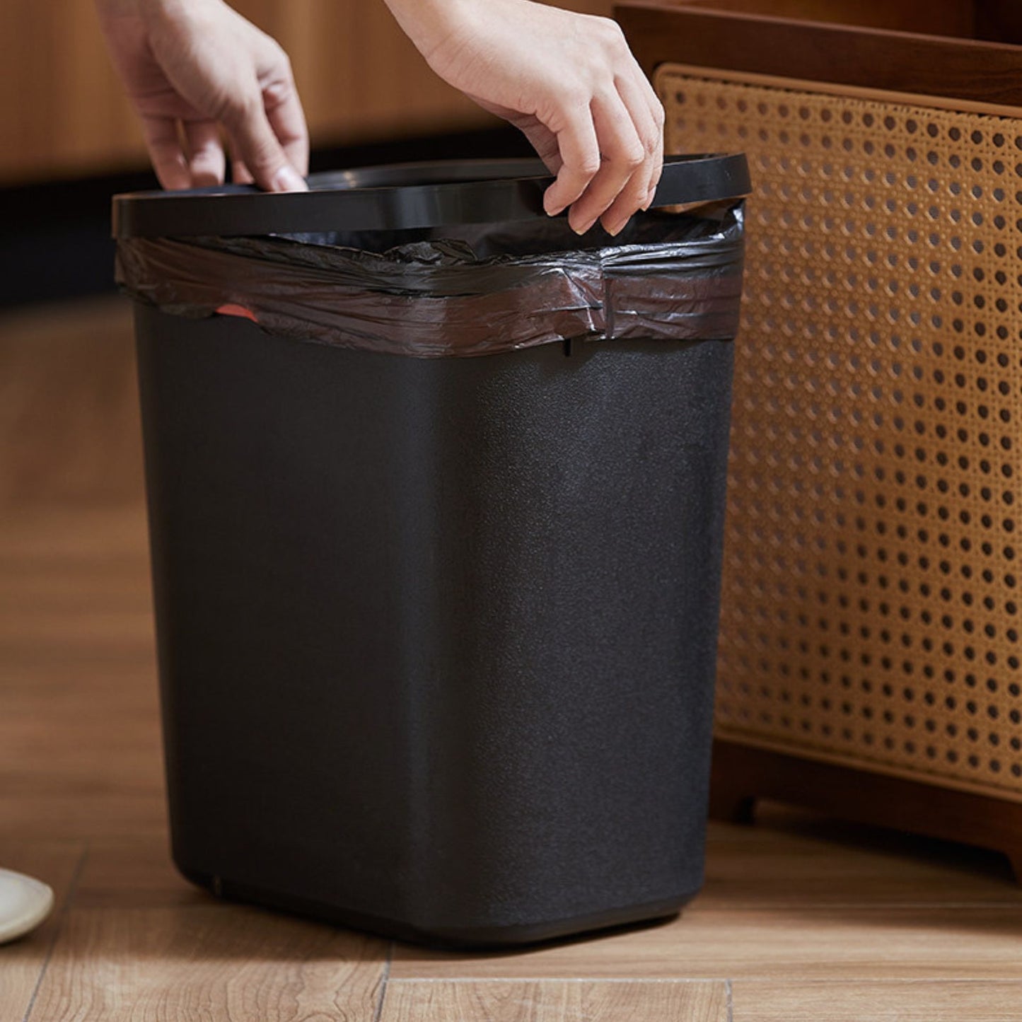 Wooden Decorative Trash Bin with PE Wicker Sides SKU 54003
