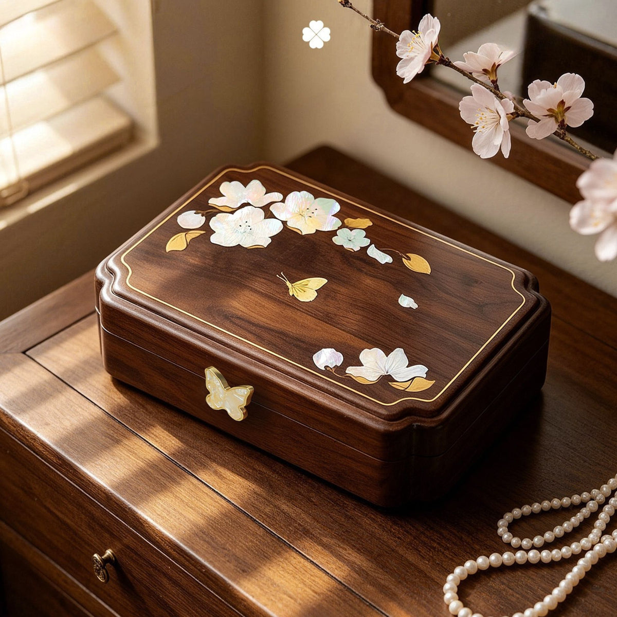 Solid Walnut Jewelry Box with Mother-of-Pearl Inlay SKU 21195