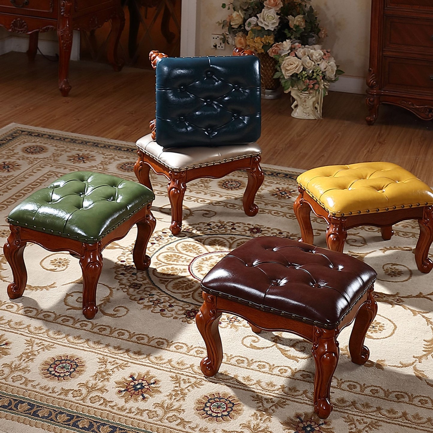 Solid Wood Upholstered Accent Stool Ottoman SKU 52011