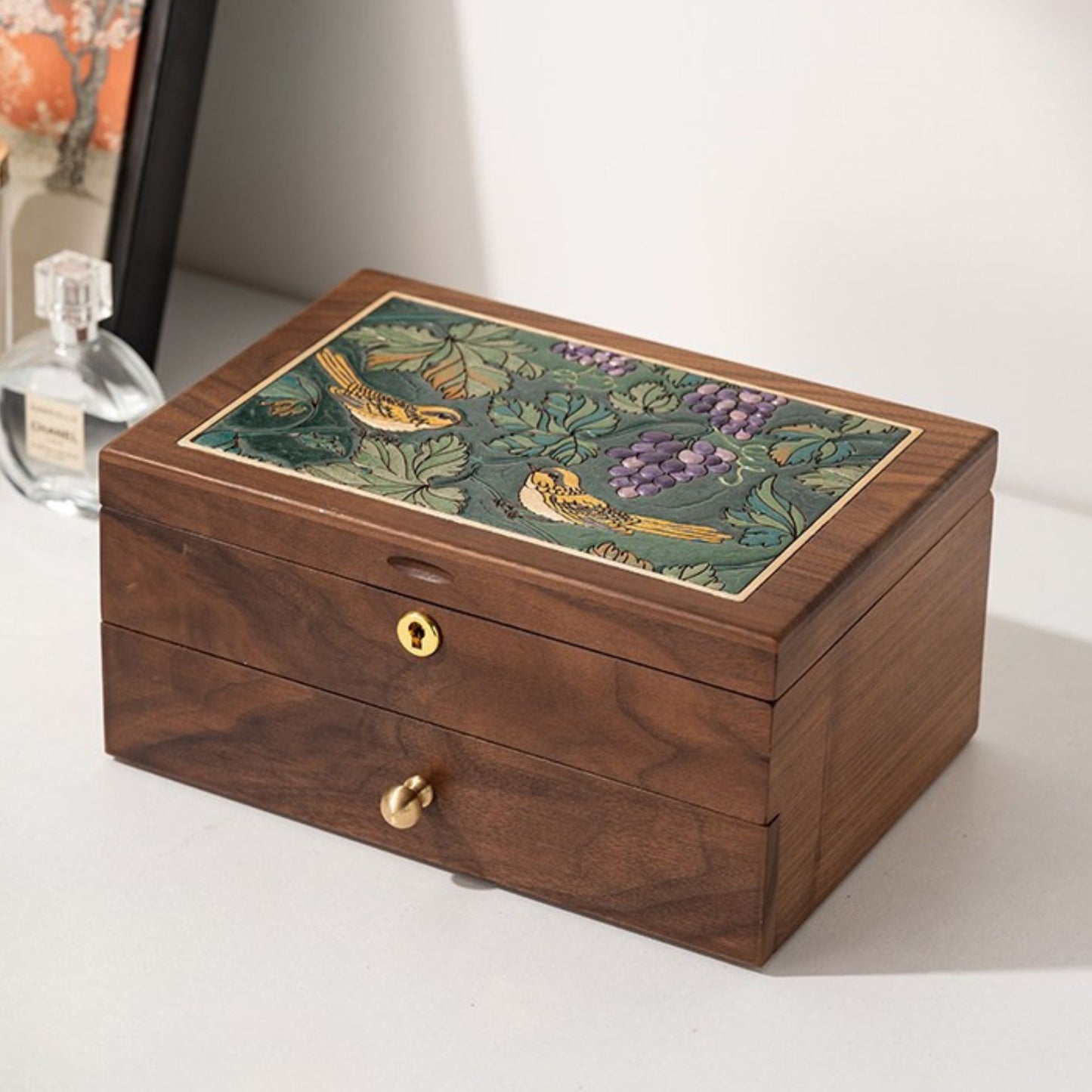 Solid Wood Jewelry Box with Hand-Painted Artwork SKU 21185