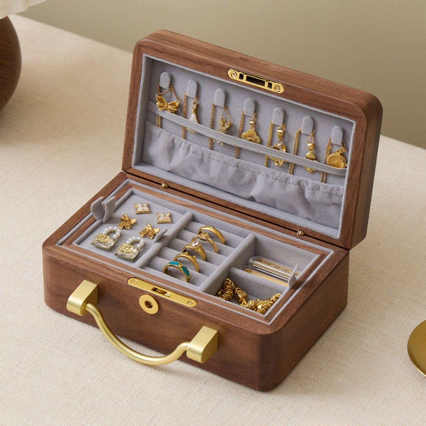 Solid Walnut Jewelry Box with Lock and Carrying Handle SKU 21186
