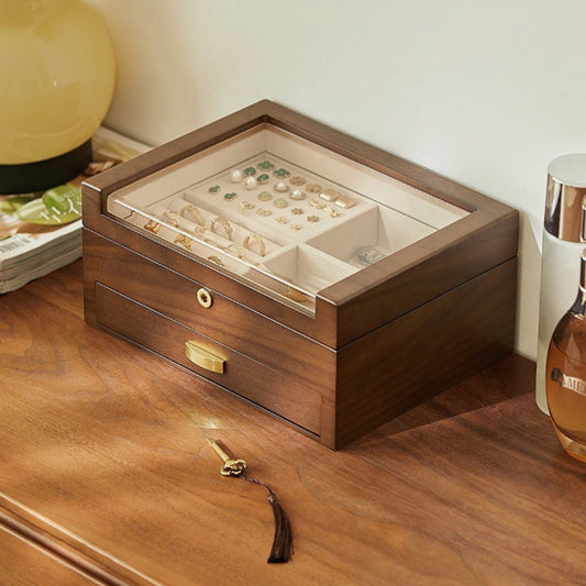 Lockable Wooden Jewelry Box with Clear Lid and Drawer SKU 21187