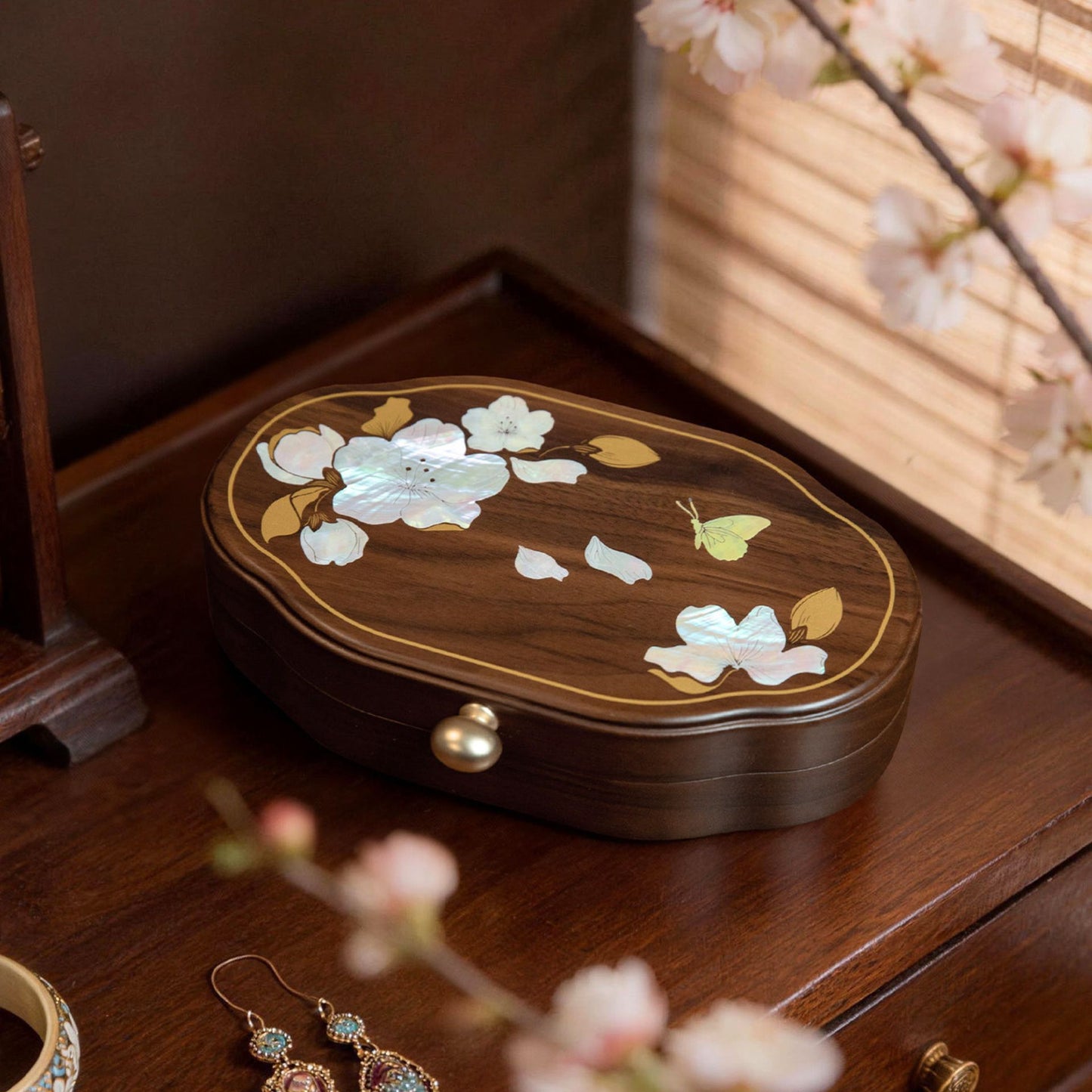 Solid Walnut Jewelry Box with Mother-of-Pearl Inlay SKU 21190