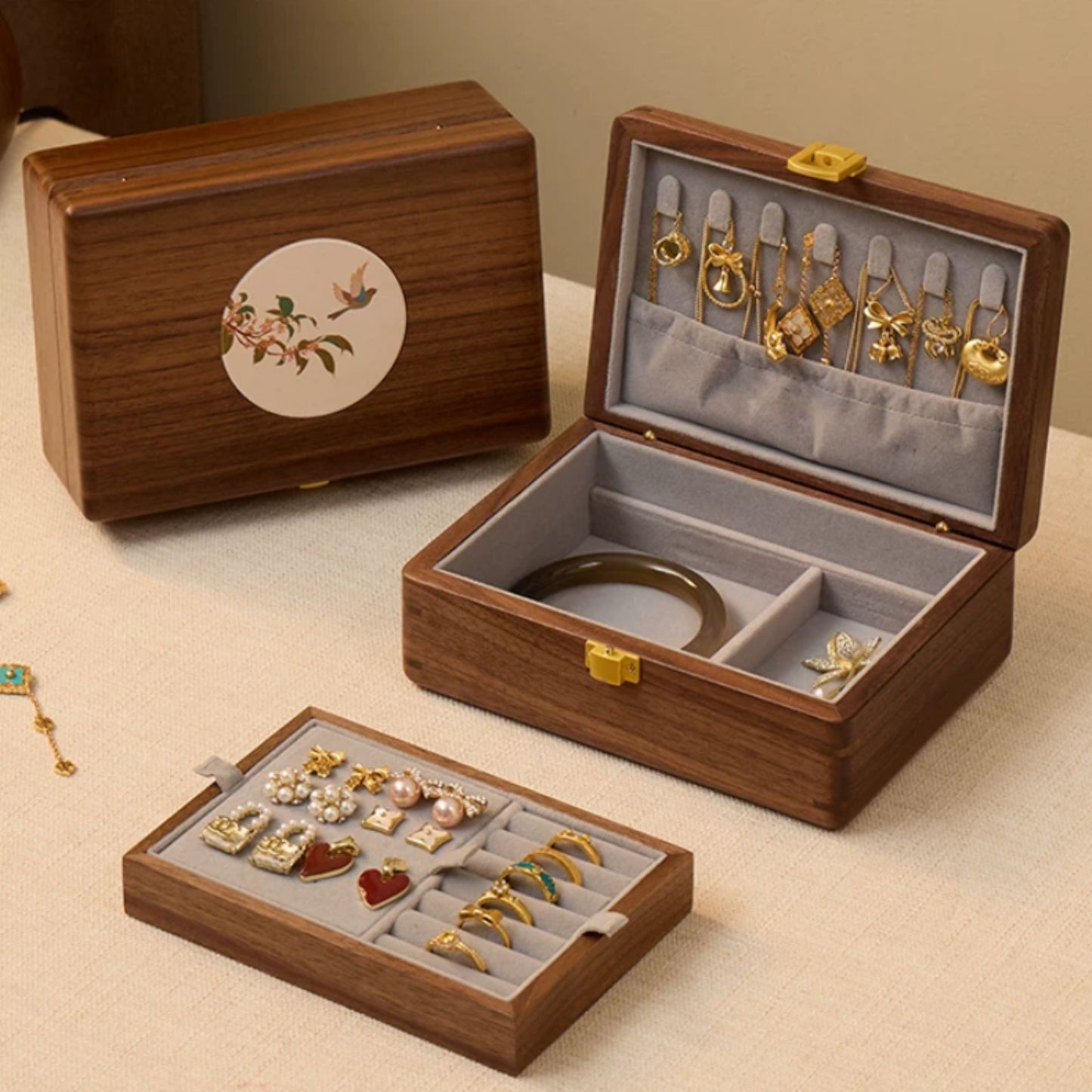 Solid Walnut Wooden Jewelry Box with Tray SKU 21194