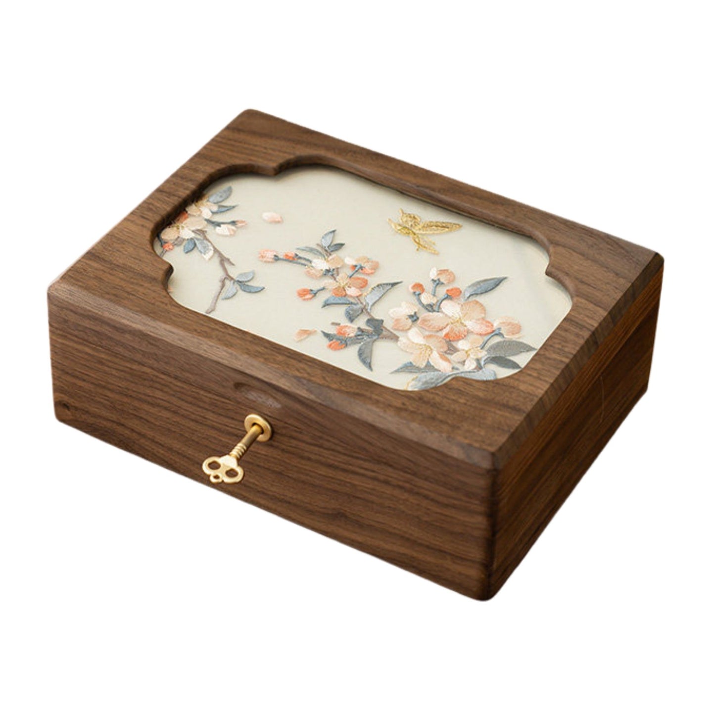 Solid Walnut Jewelry Box with Hand-Embroidered Silk Design SKU 21196