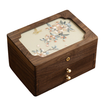 Solid Walnut Jewelry Box with Lock and Hand-Embroidered Design SKU 21197