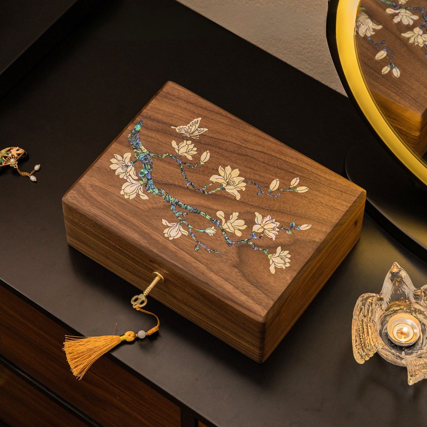 Solid Walnut Jewelry Box with Lock and Mother of Pearl Inlay SKU 21198