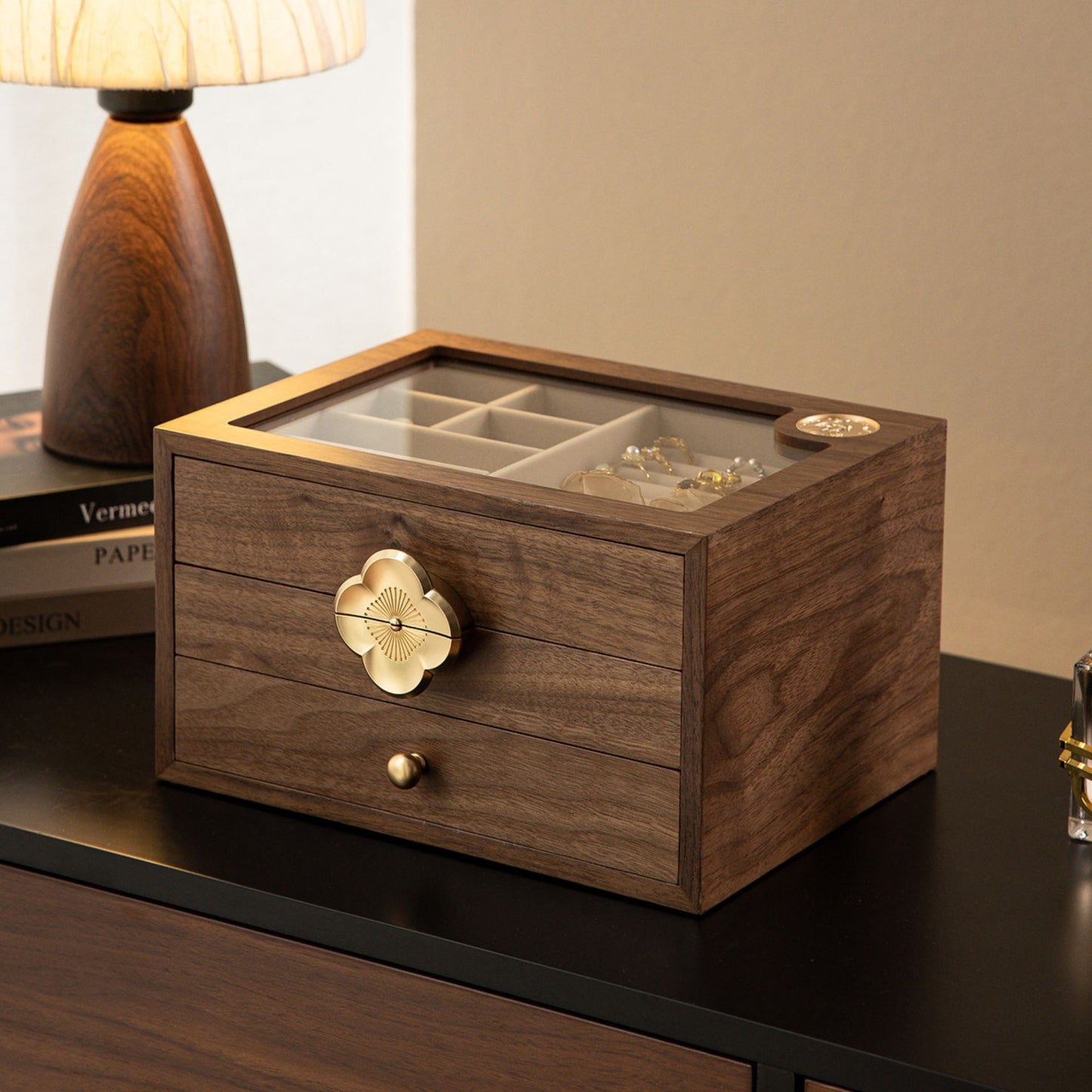 Wooden Jewelry Box with Drawers and Glass Lid SKU 21199