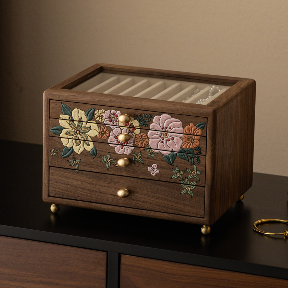 Solid Walnut Jewelry Box with Drawers and Glass Lid SKU 21200