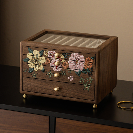 Solid Walnut Jewelry Box with Drawers and Glass Lid SKU 21200