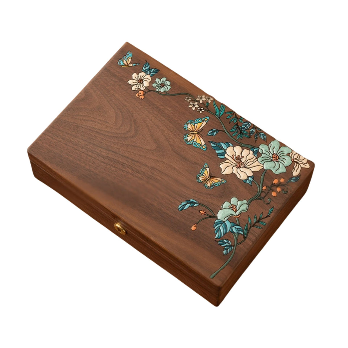 Solid Walnut Jewelry Box with Hand-Painted Butterflies and Flowers SKU 21202