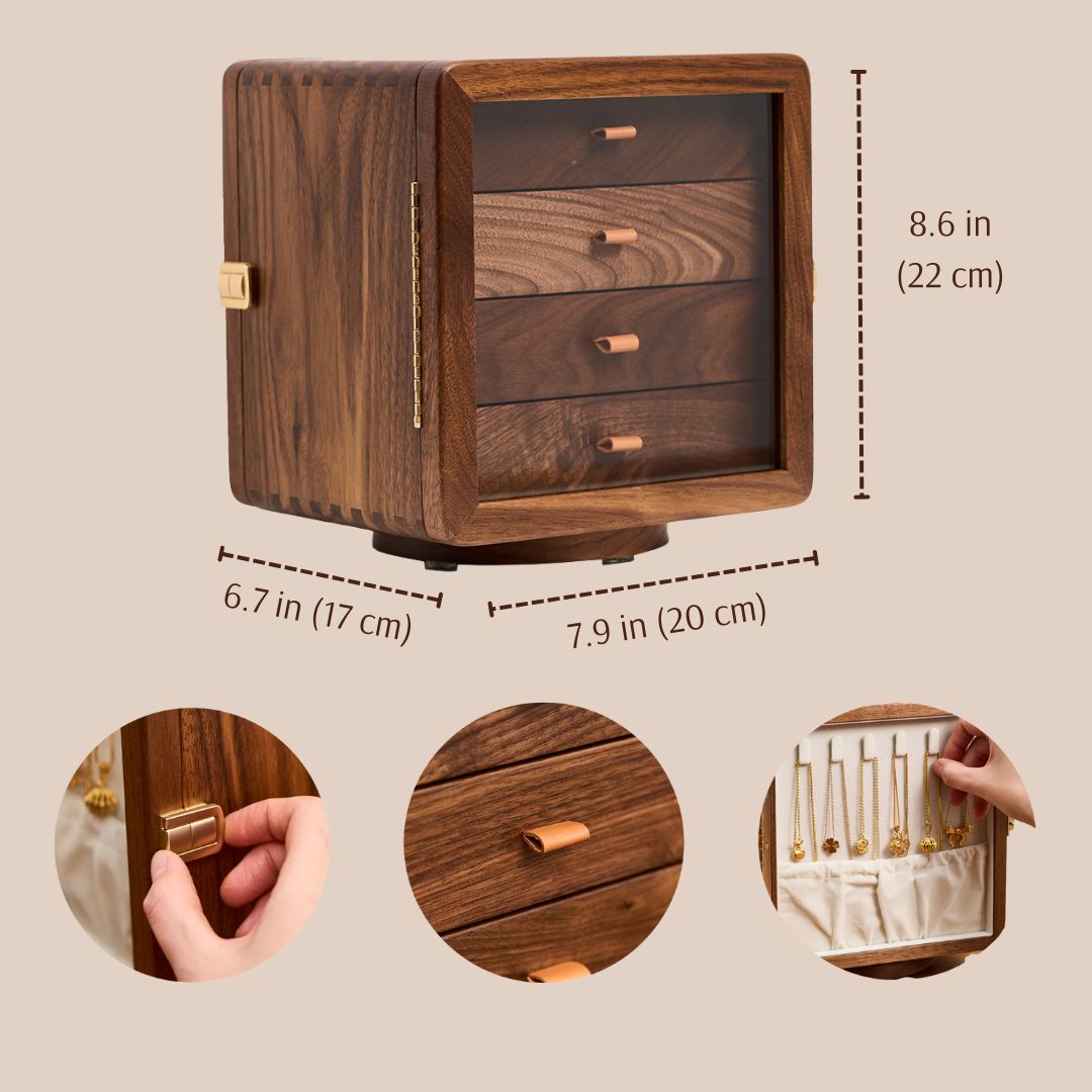 Rotatable Solid Walnut Wood Jewelry Box Organizer SKU 21172