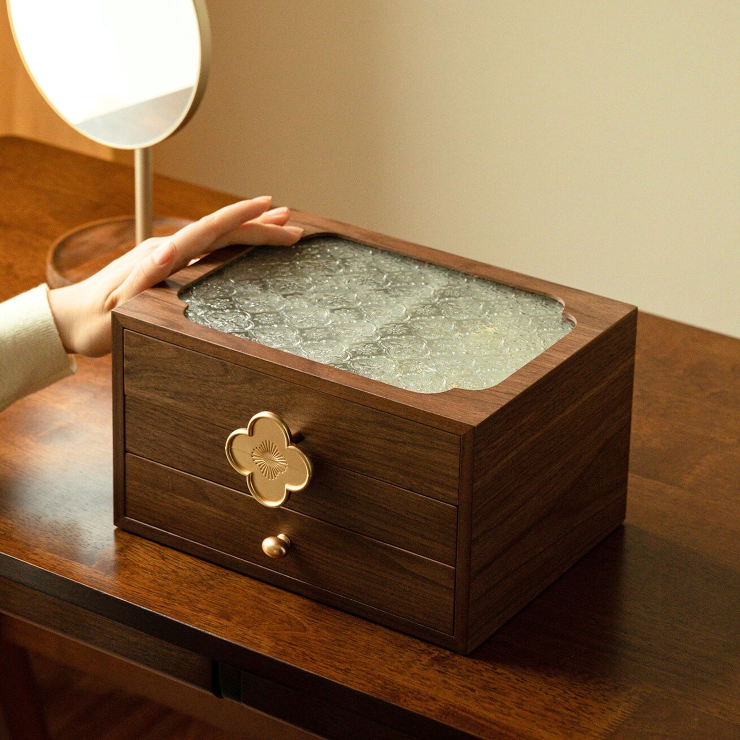 Wooden Jewelry Box with Glass Lid and Drawers SKU 21134