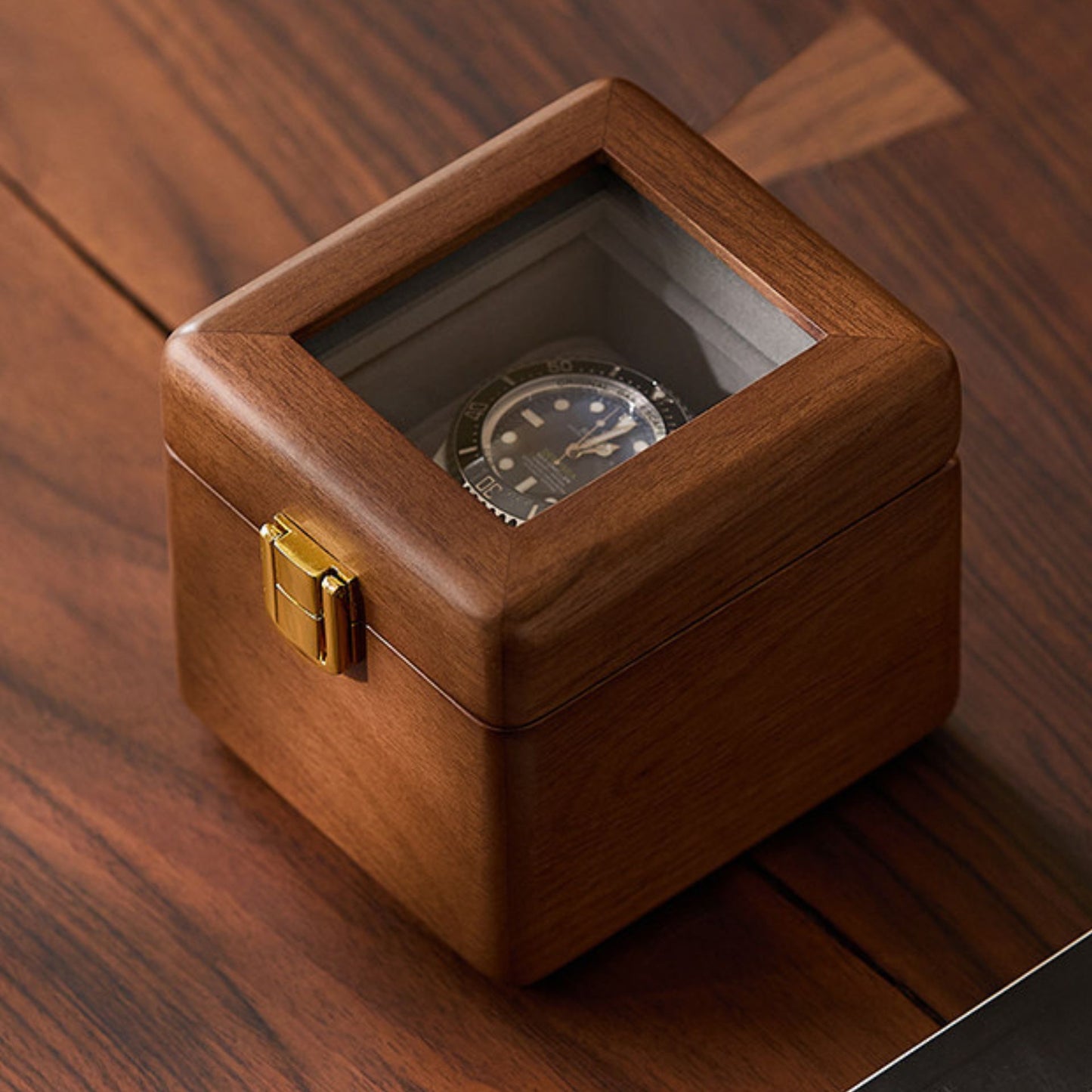 Solid Wood Watch Box with Glass Lid and Metal Clasp SKU 22015