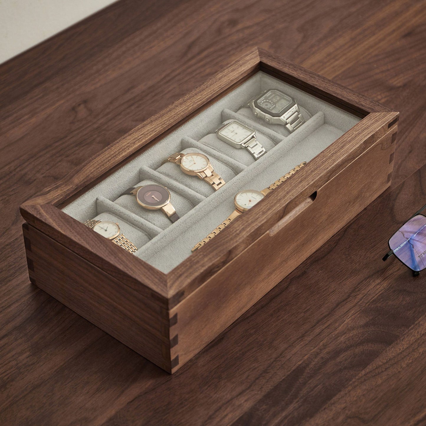 Solid Walnut Wooden Watch Box with Glass Lid SKU 22016