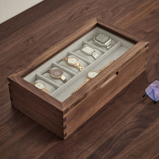 Solid Walnut Wooden Watch Box with Glass Lid SKU 22016