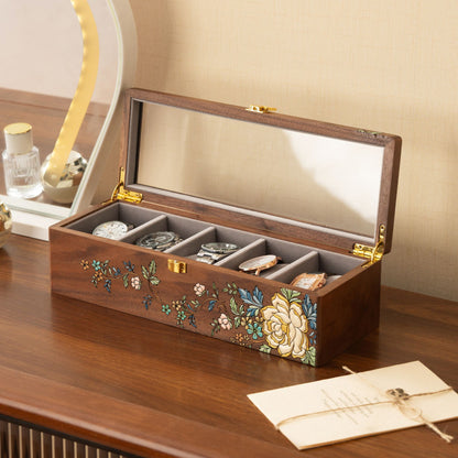 Solid Walnut Wooden Watch Box with Hand Painted Pattern SKU 22017