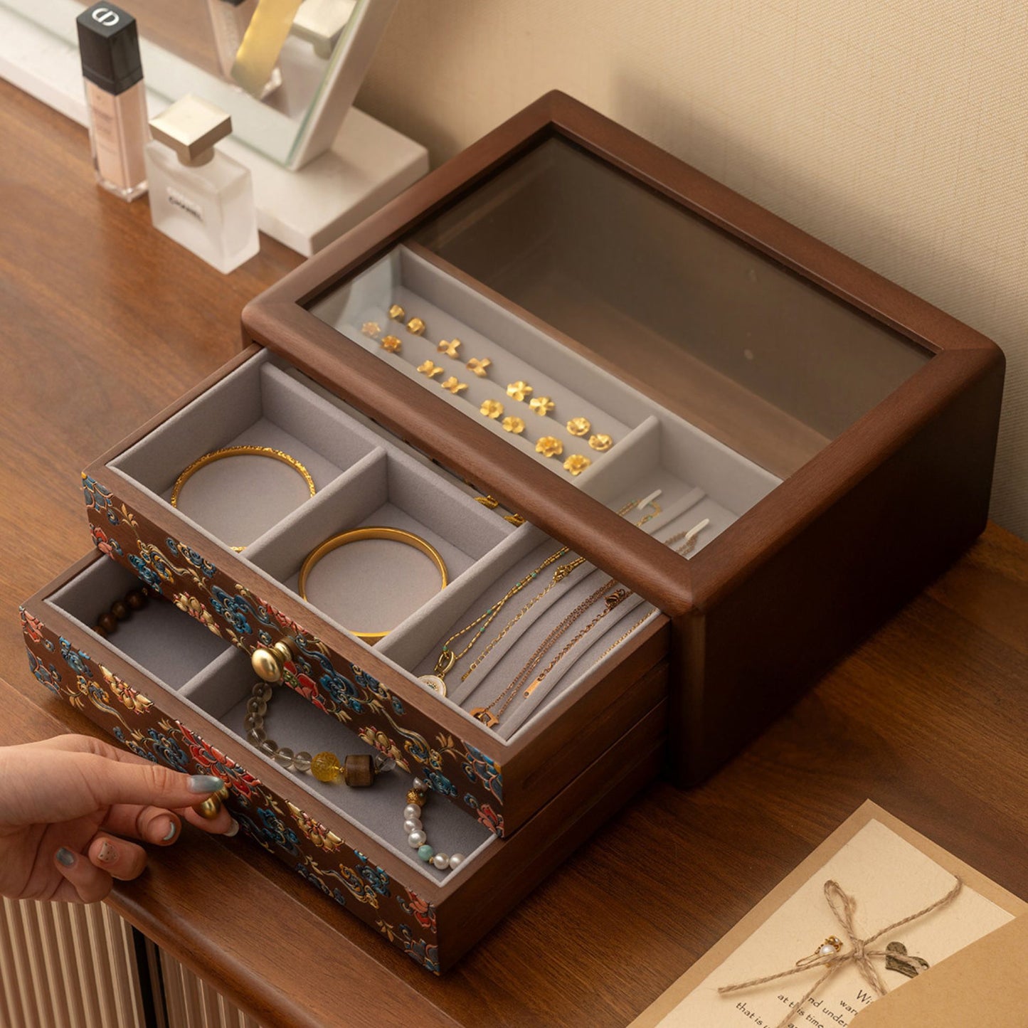 Wooden Jewelry Box with Hand-Painted Artwork and Drawers SKU 21193