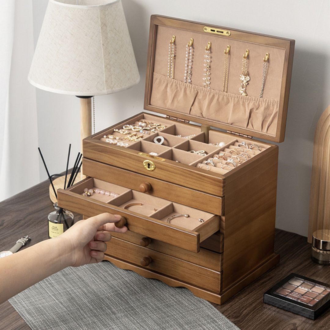 Wood Jewelry Organizer Box with Picture Frames| cheapest 2 Drawers Storage Box for Women