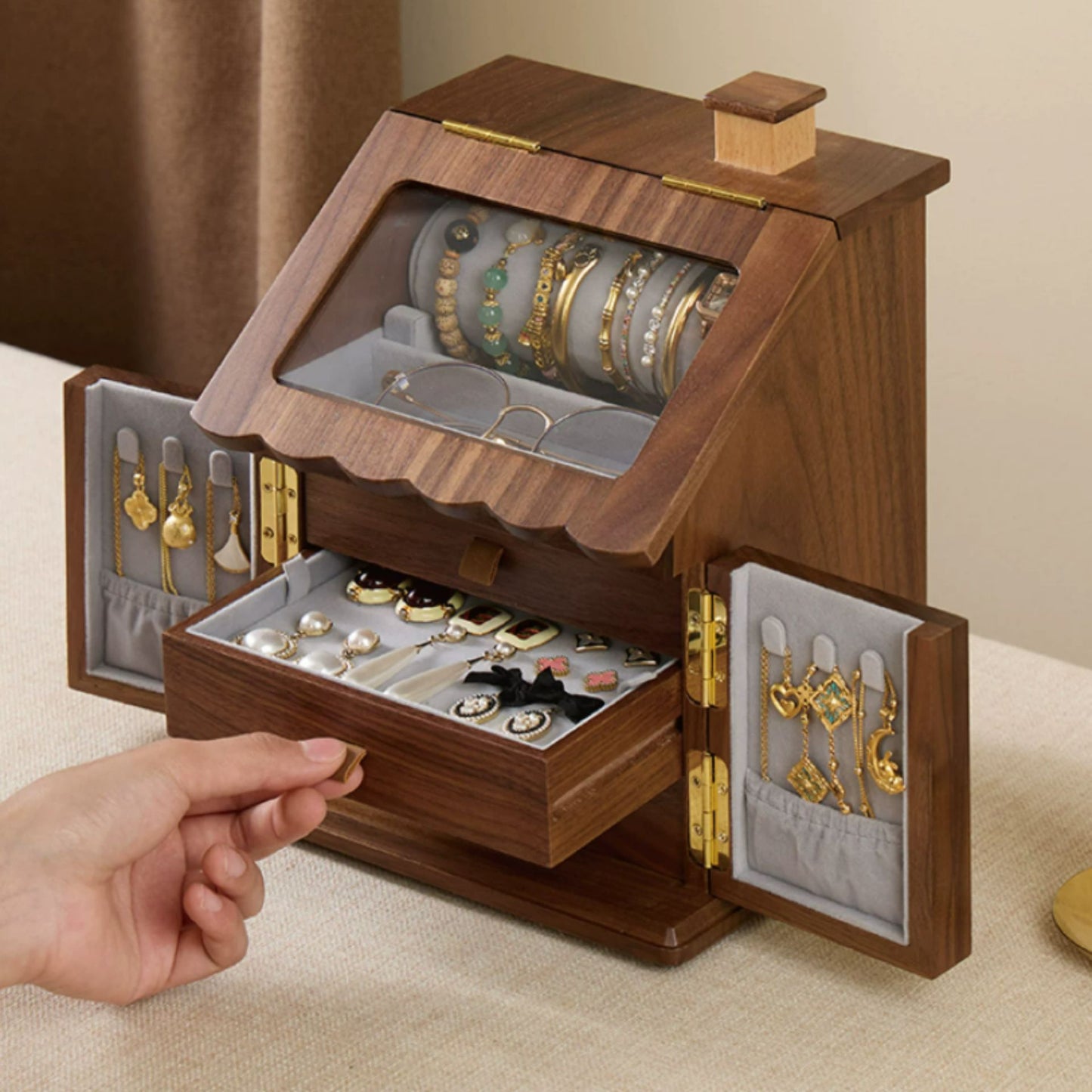 Solid Walnut House Shaped Jewelry Box with Drawers SKU 21181