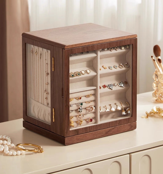 Rotatable Wooden Jewelry Box Organizer with Drawers SKU 21156