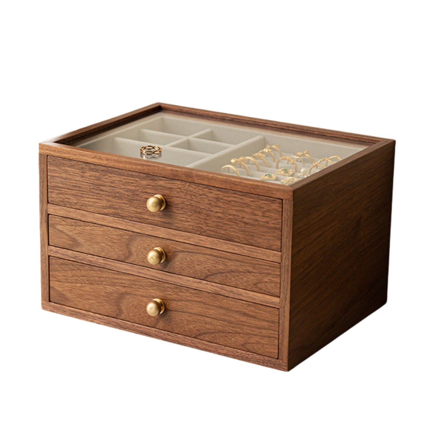 Wooden Jewelry Box with Drawers and Glass Lid SKU 21133