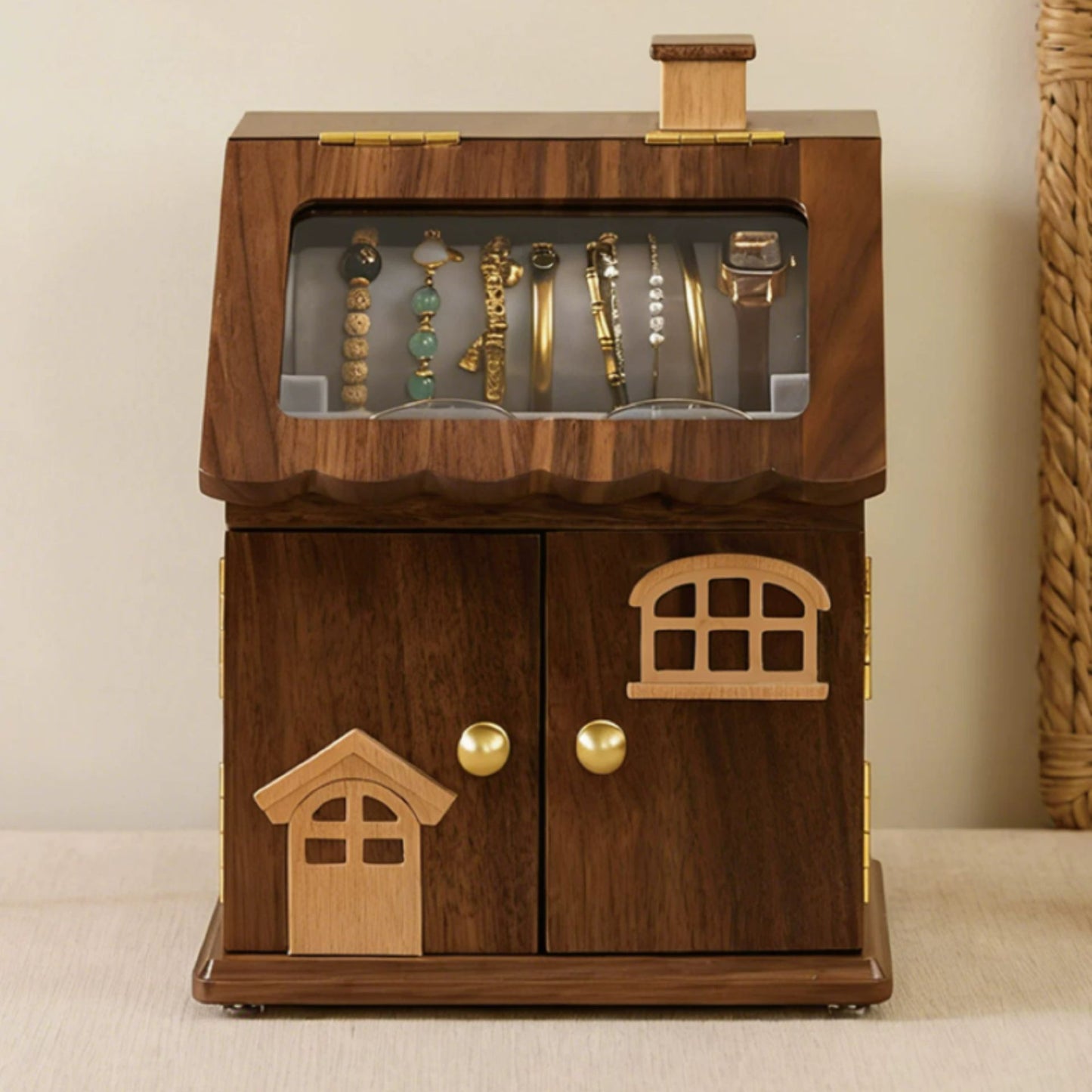 Solid Walnut House Shaped Jewelry Box with Drawers SKU 21181