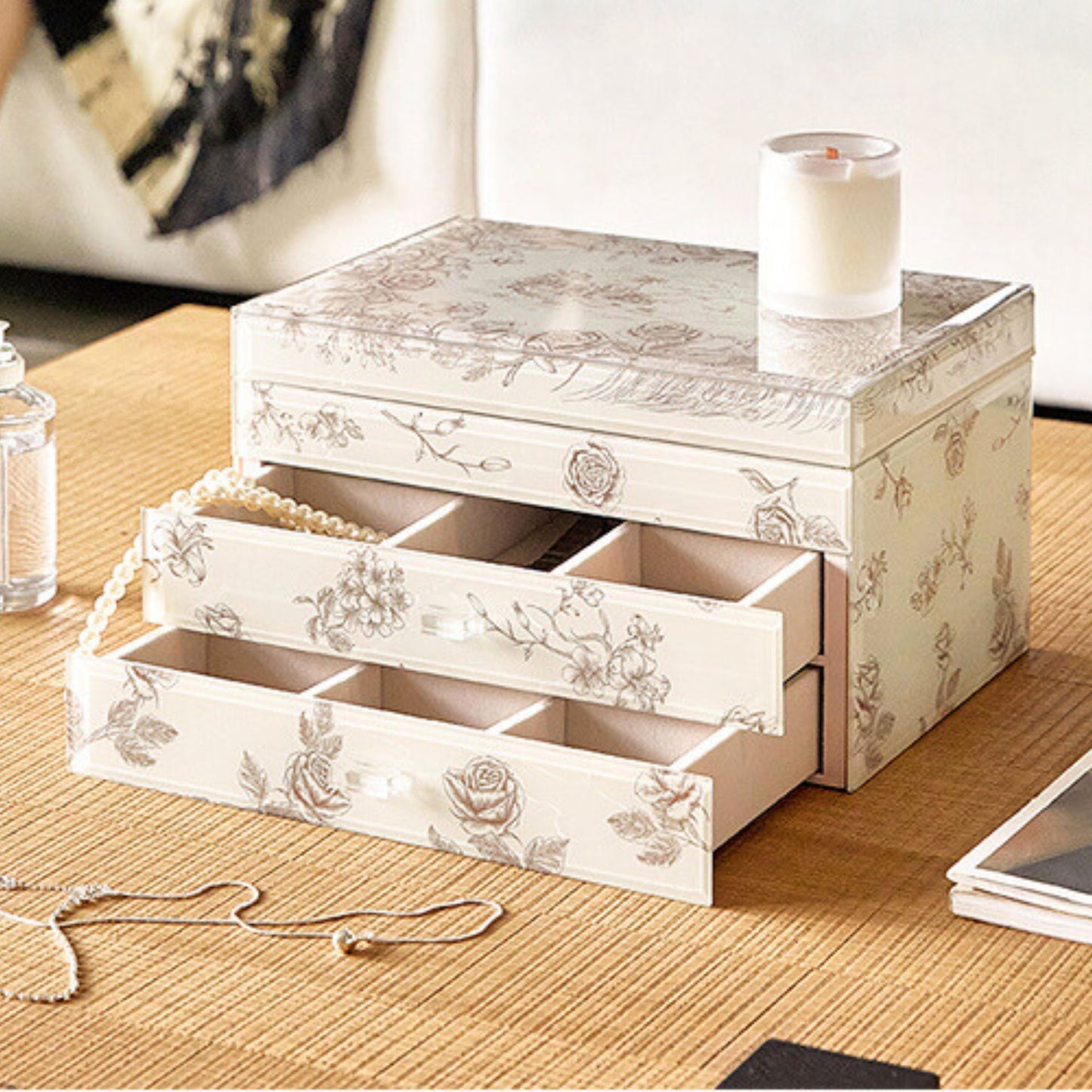 Jewelry Box Organizer with Glass Surface and Two Drawers SKU 21170