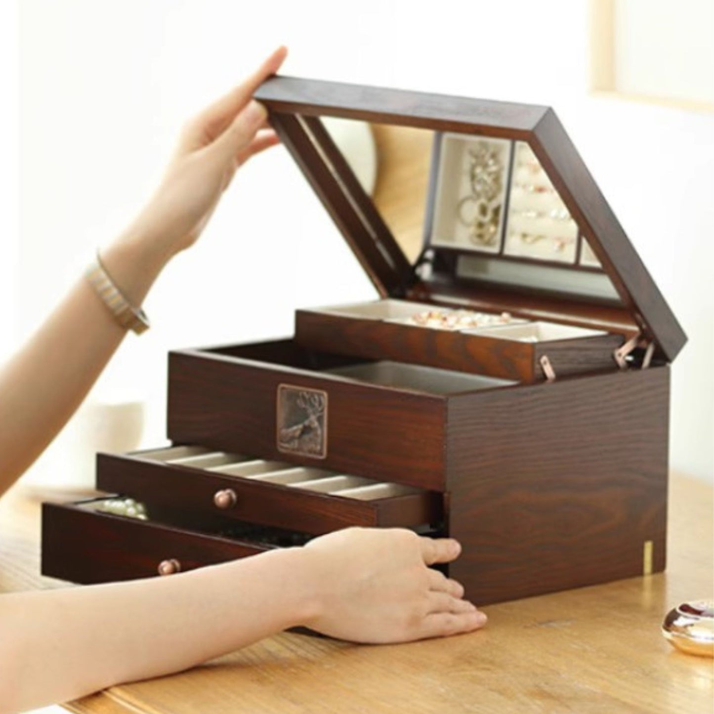 Wooden Jewelry Box with Drawer and Mirror SKU 21125