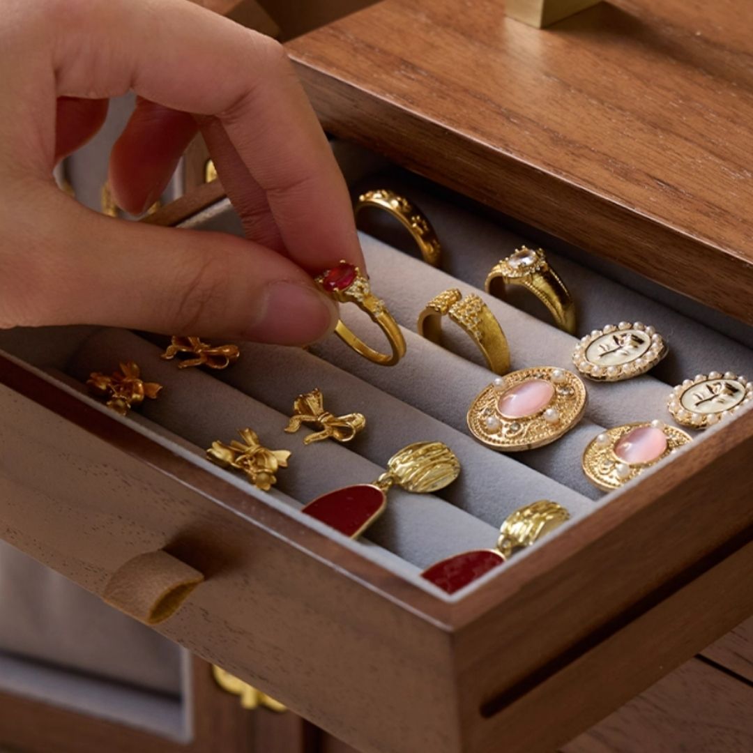 Wooden Jewelry Box Organizer with Mirror and Lock SKU 21159