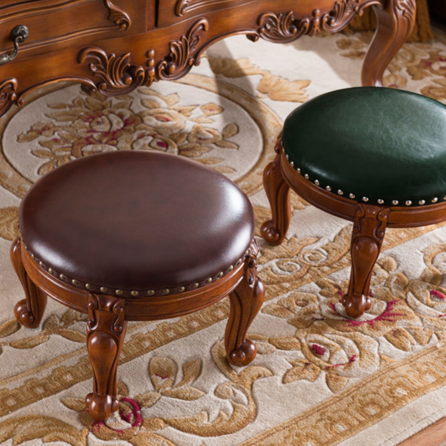 Solid Wood Leather Upholstered Ottoman Stool SKU 52003