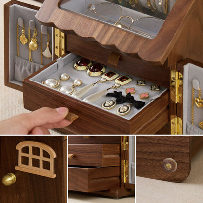 Solid Walnut House Shaped Jewelry Box with Drawers SKU 21181