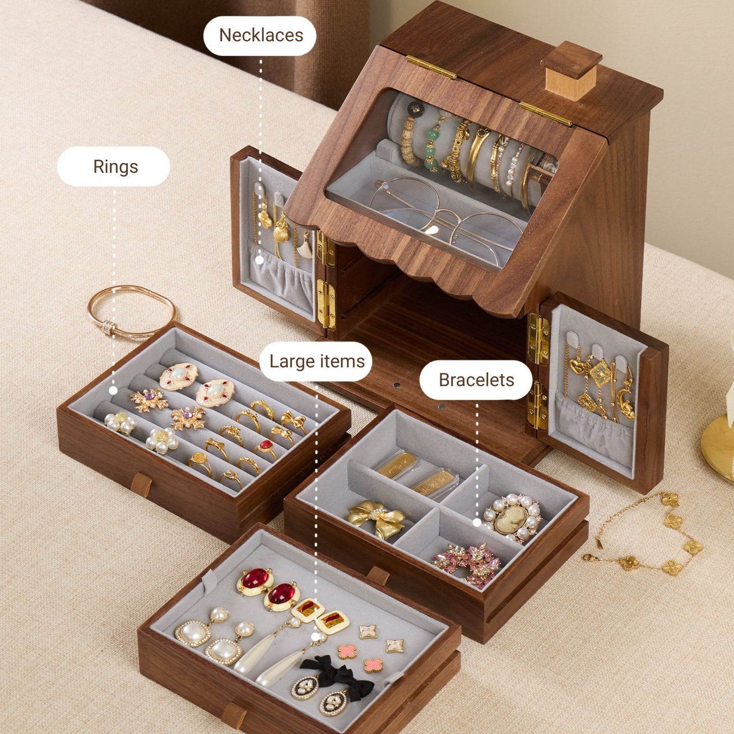 Solid Walnut House Shaped Jewelry Box with Drawers SKU 21181