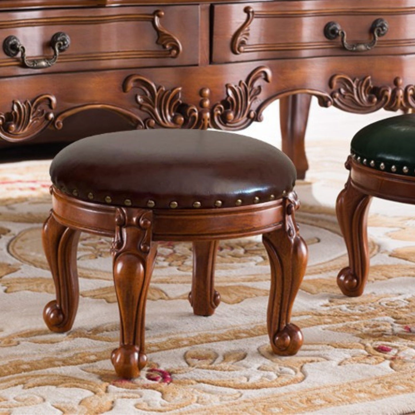 Solid Wood Leather Upholstered Ottoman Stool SKU 52003