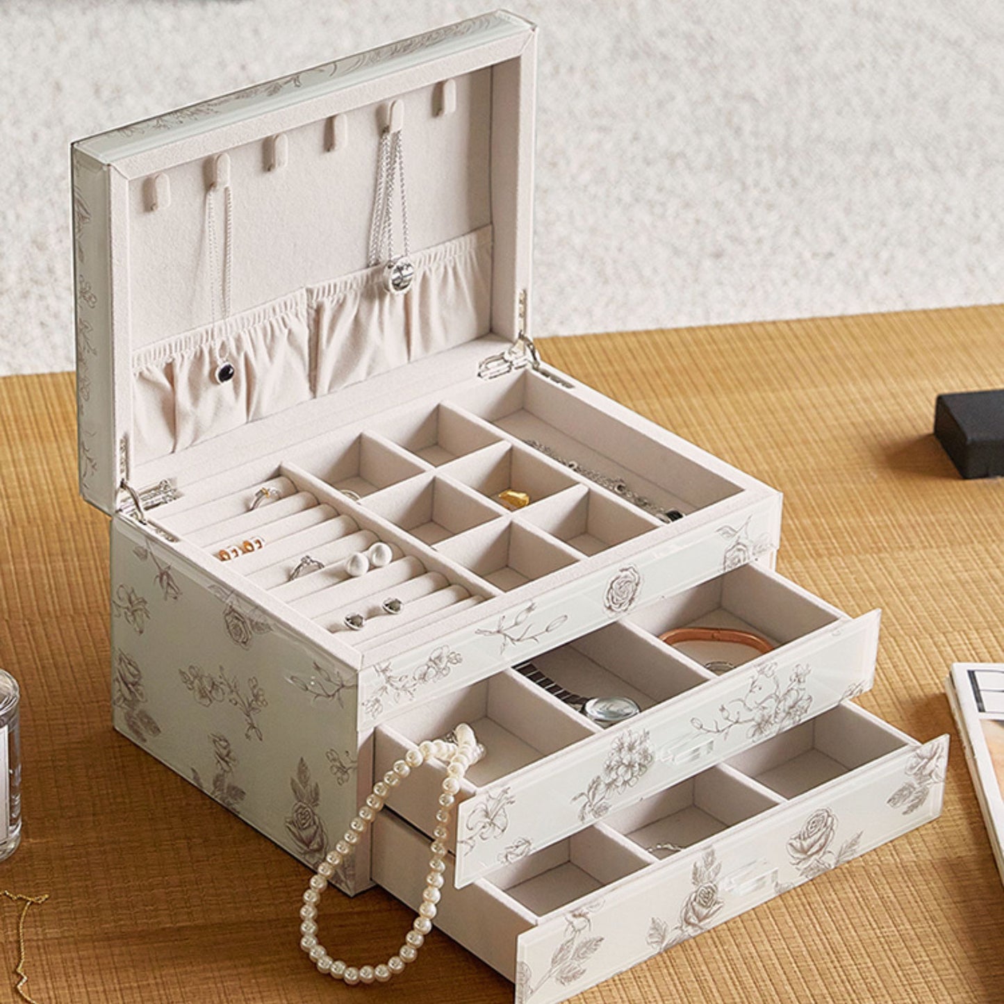 Jewelry Box Organizer with Glass Surface and Two Drawers SKU 21170